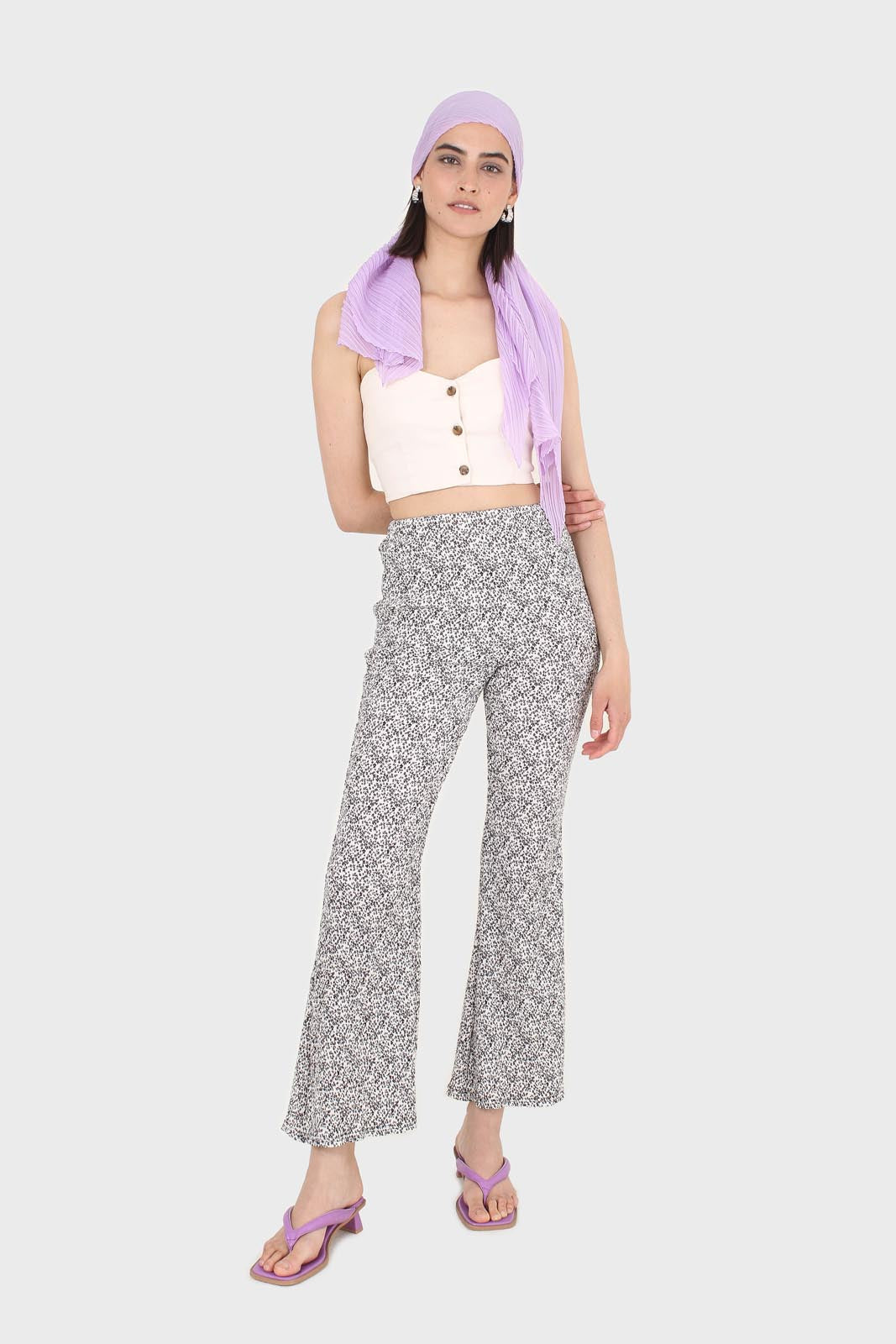 Ivory and charcoal dappled flare trousers_9