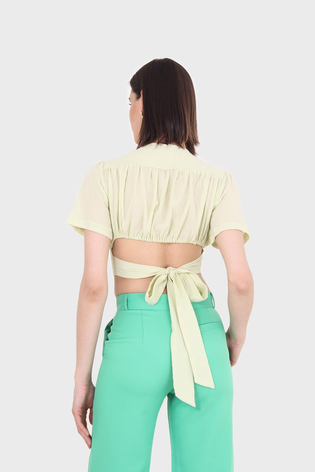 Light green deep V tie back cropped blouse_8