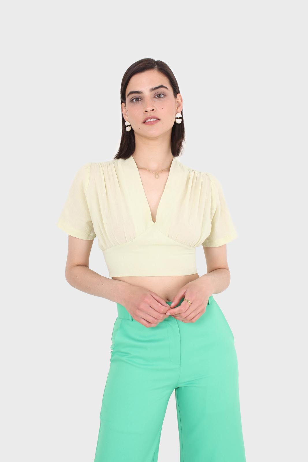 Light green deep V tie back cropped blouse_1