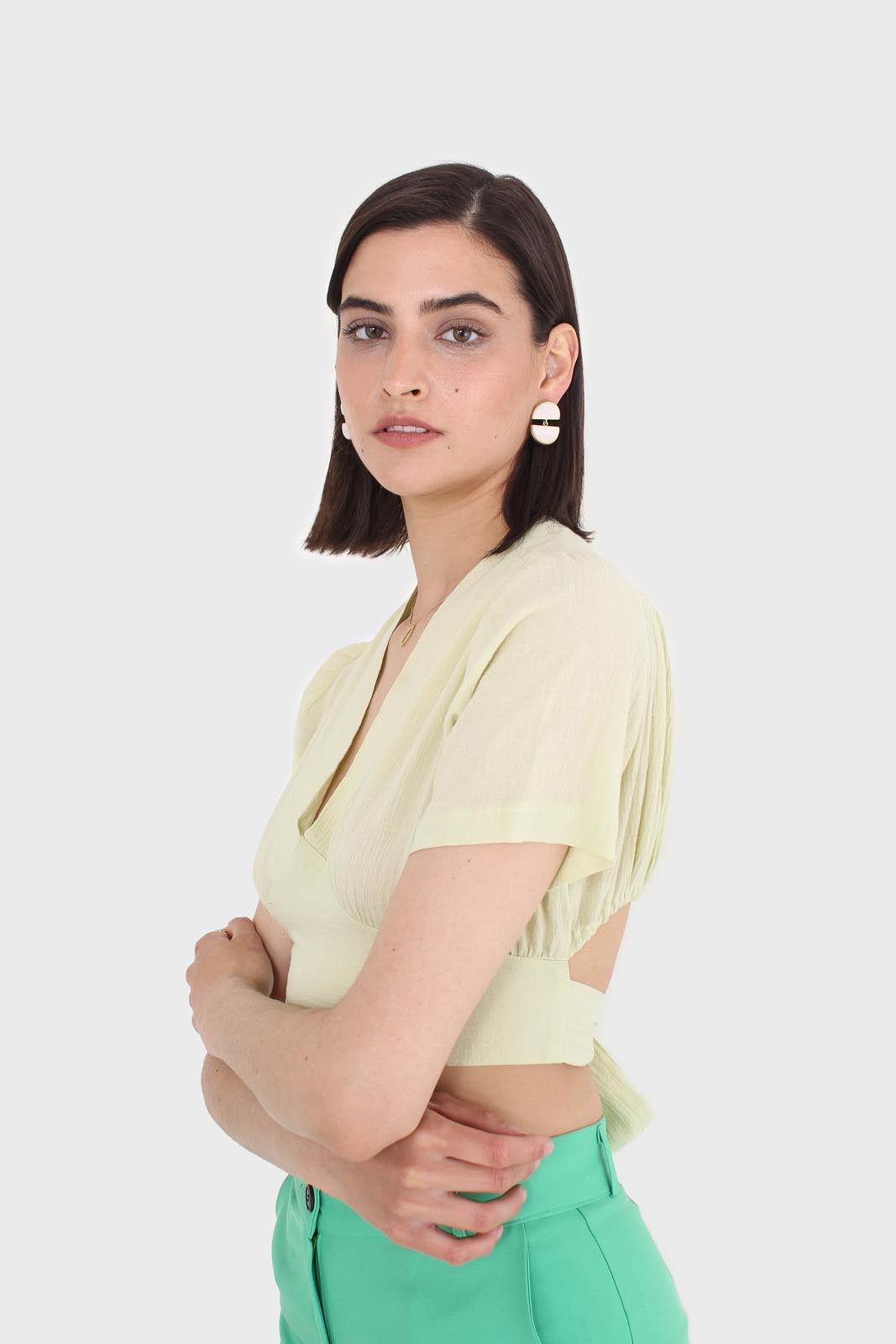 Light green deep V tie back cropped blouse_6