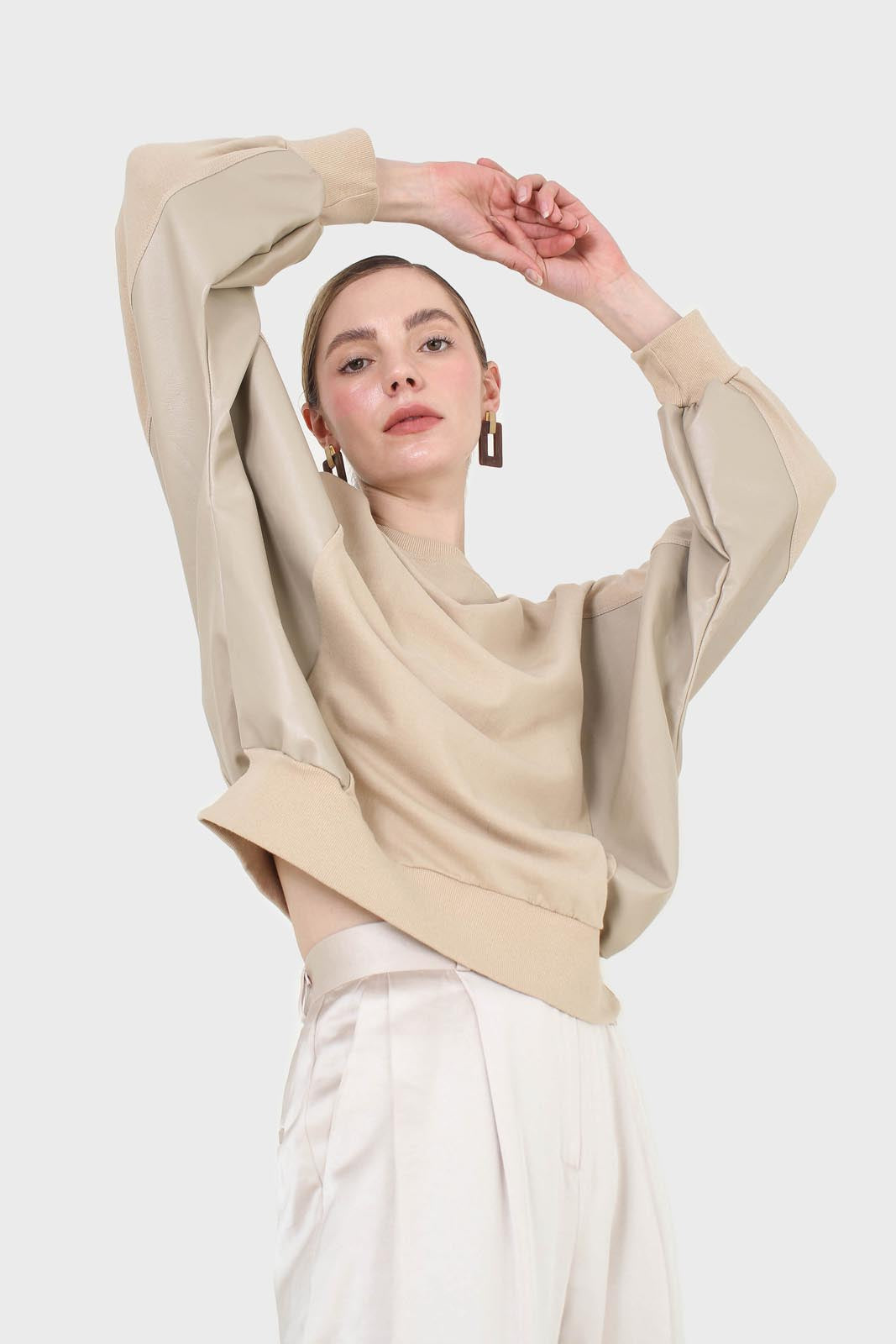 Beige vegan leather contrast panel sweatshirt_4