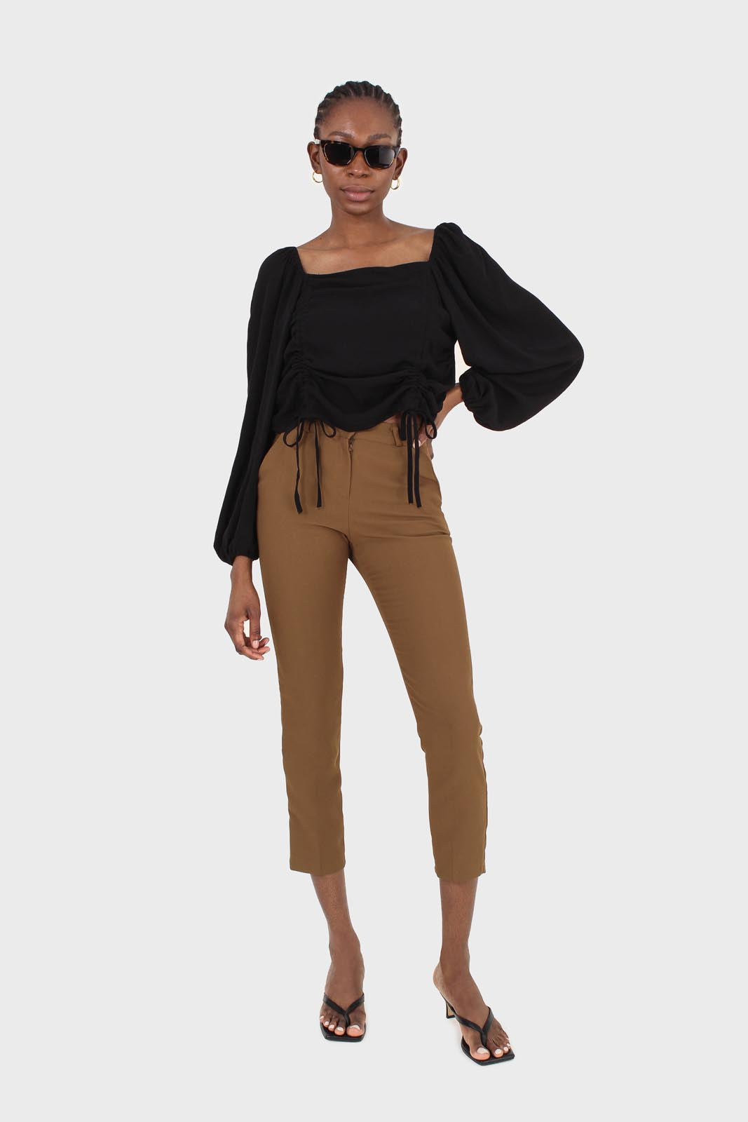 Black double ruched tie detail long sleeved top_9