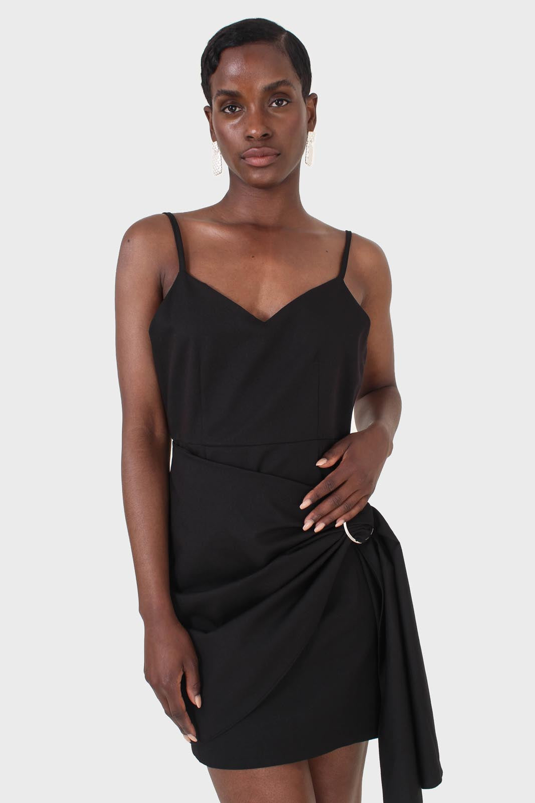 Black thin strap silver ring buckle mini dress_6