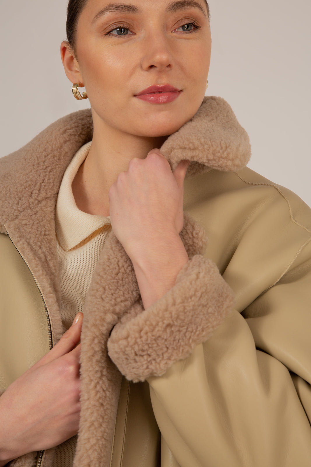 Beige teddy reversible long coat_2