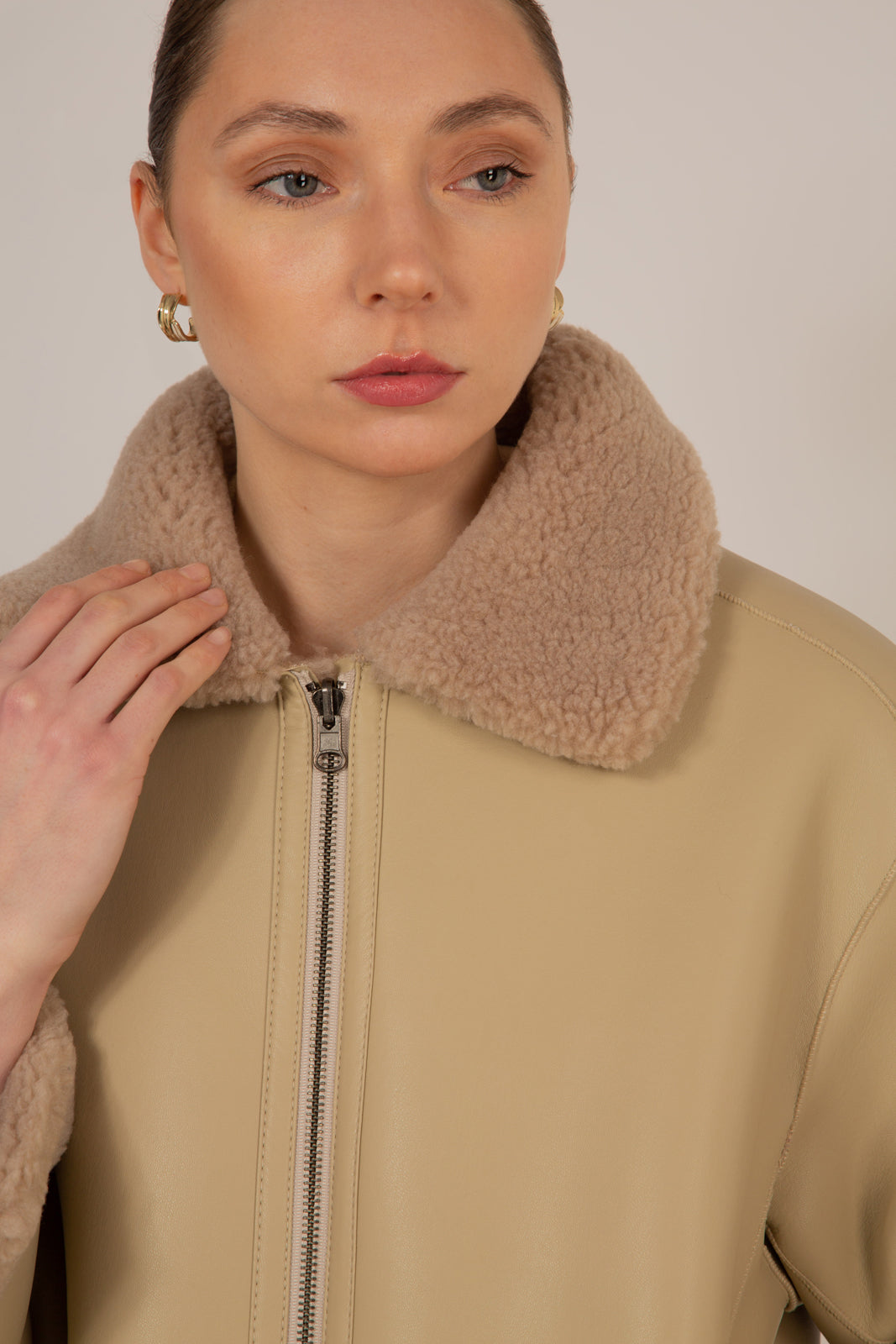 Beige teddy reversible long coat_4