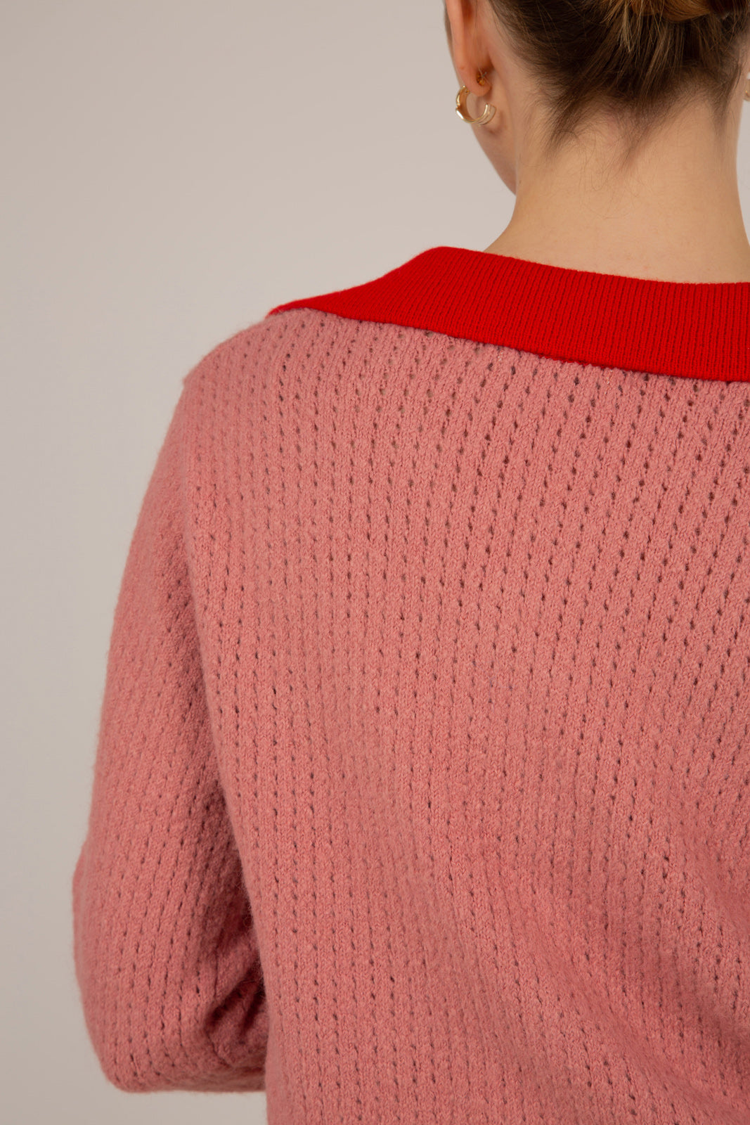 Dusty pink wool blend red trimmed cardigan_6