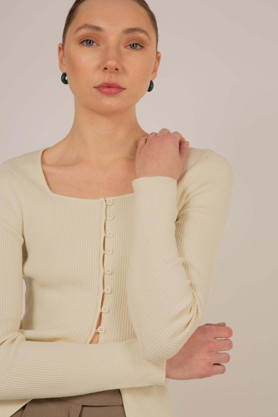 Ivory square neck button front knit top_3