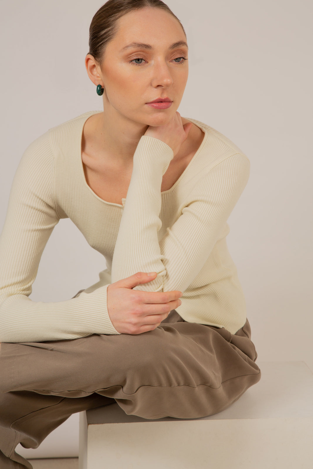 Ivory square neck button front knit top_7