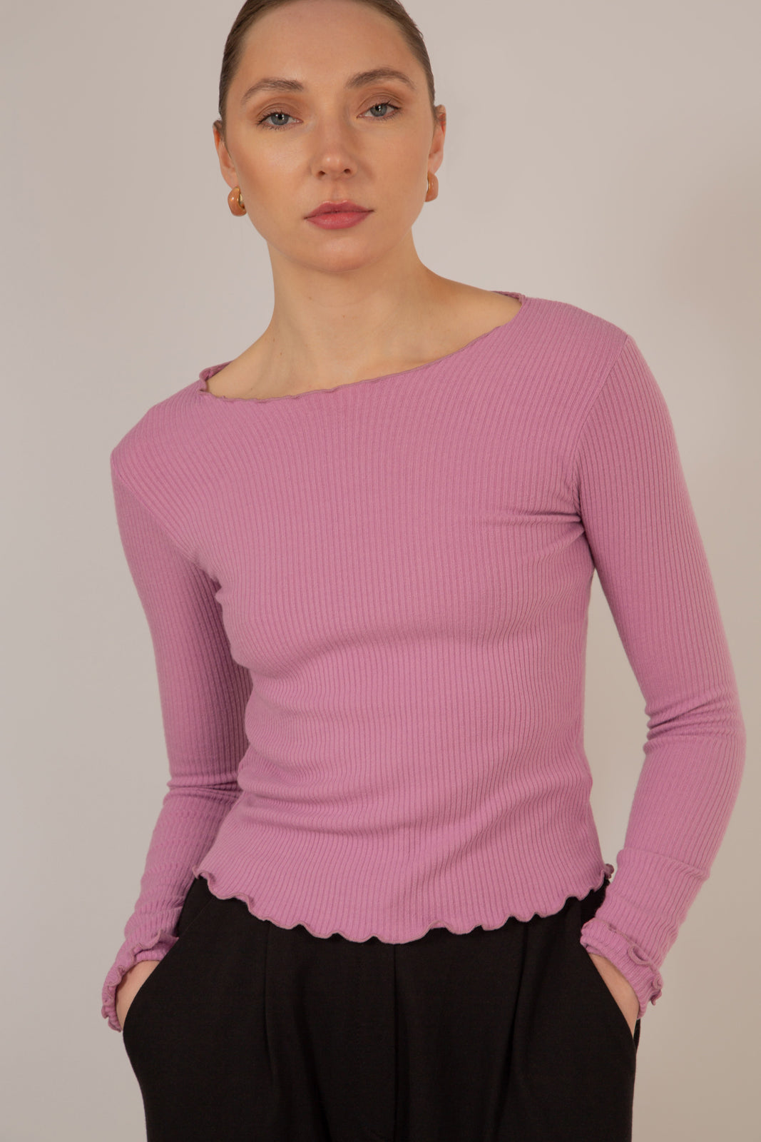 Pink ruffle trim ribbed top_2