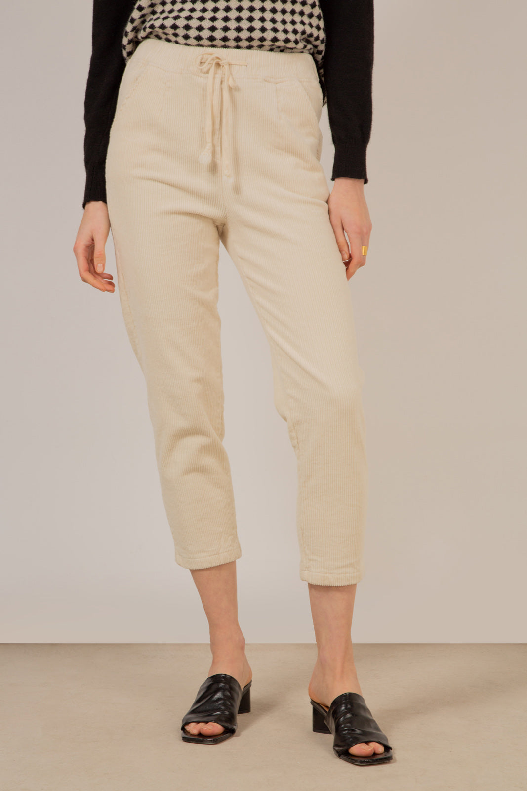 Ivory corduroy loose fit drawstring trousers_1