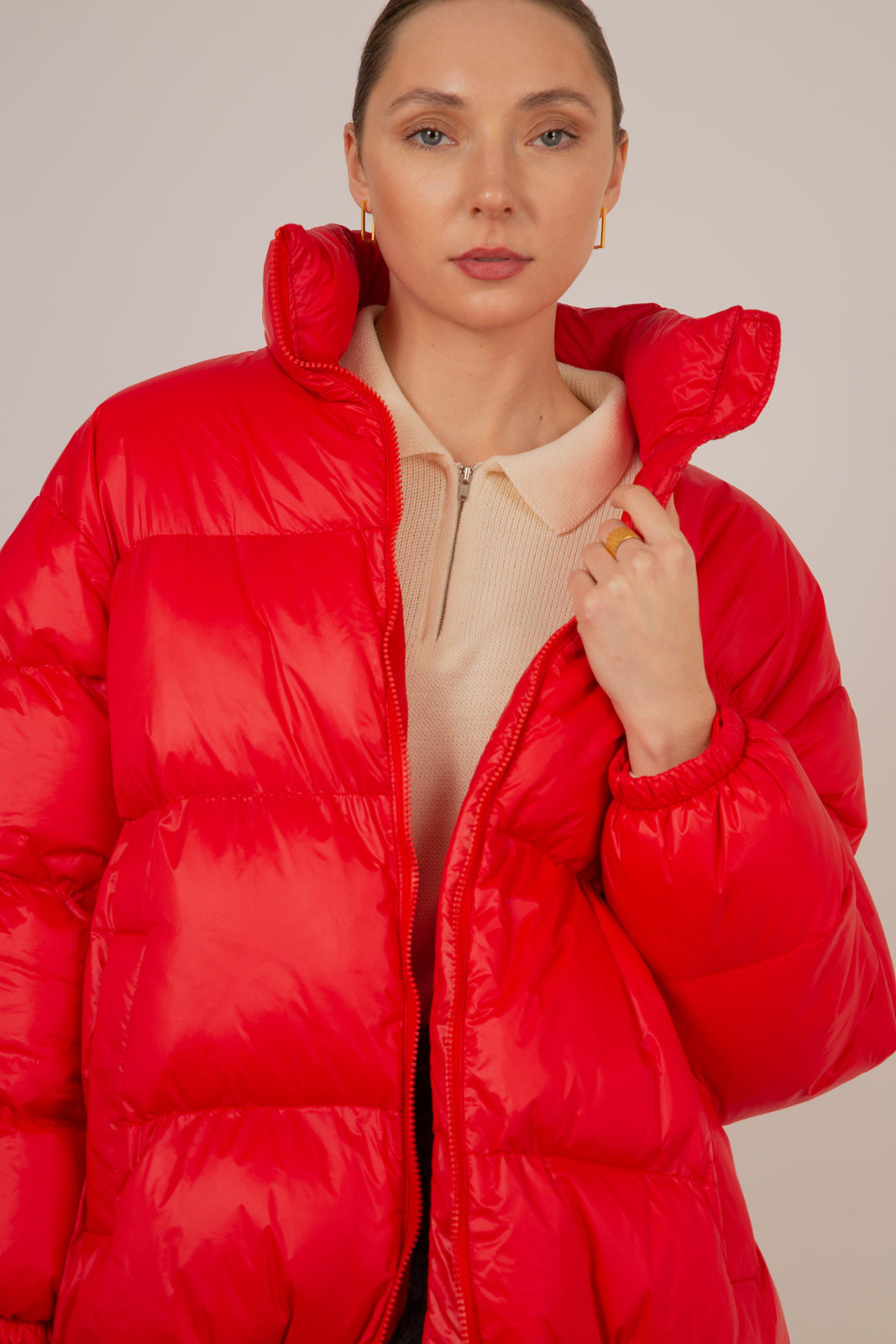 Red glossy thick puffer jacket_1