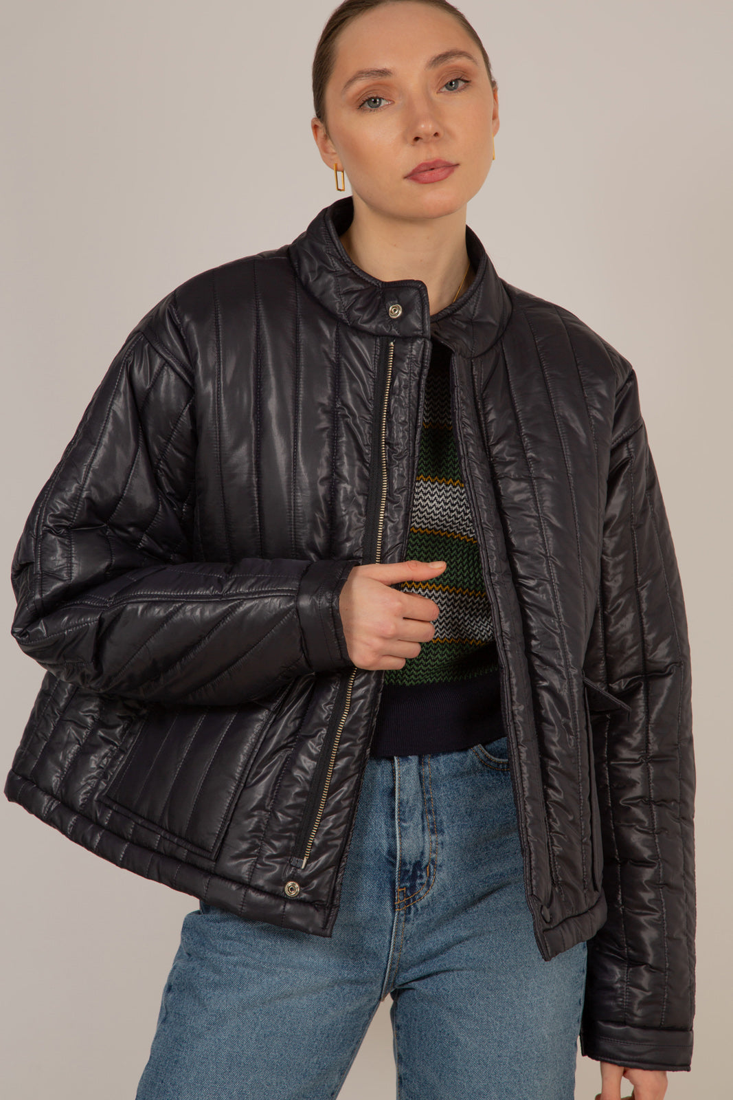 Navy glossy slim quilt puffer coat_1