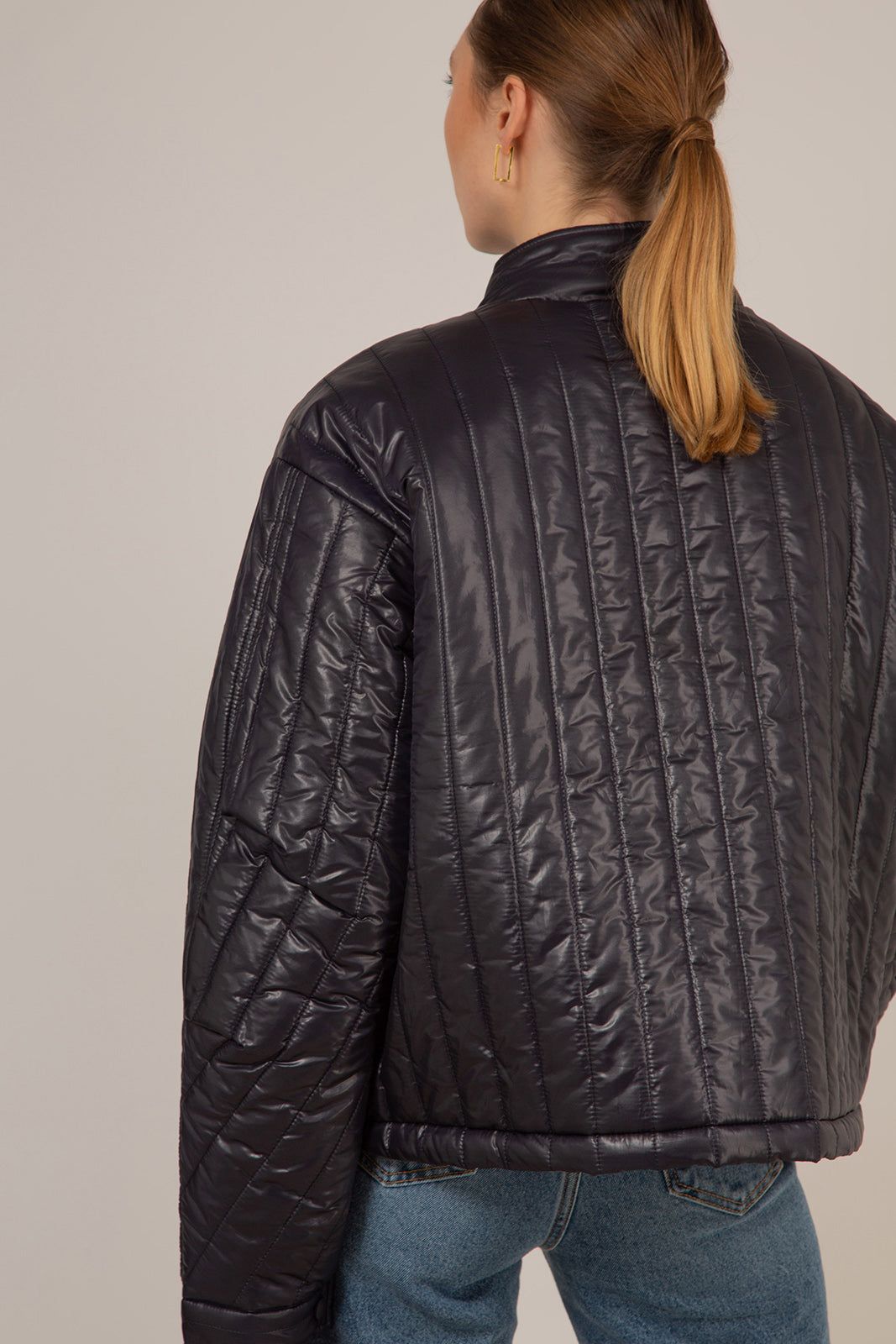 Navy glossy slim quilt puffer coat_7