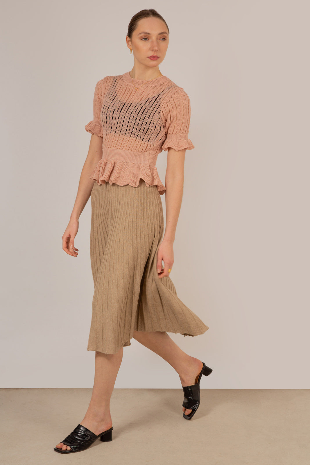 Pink sheer peplum knit top_6