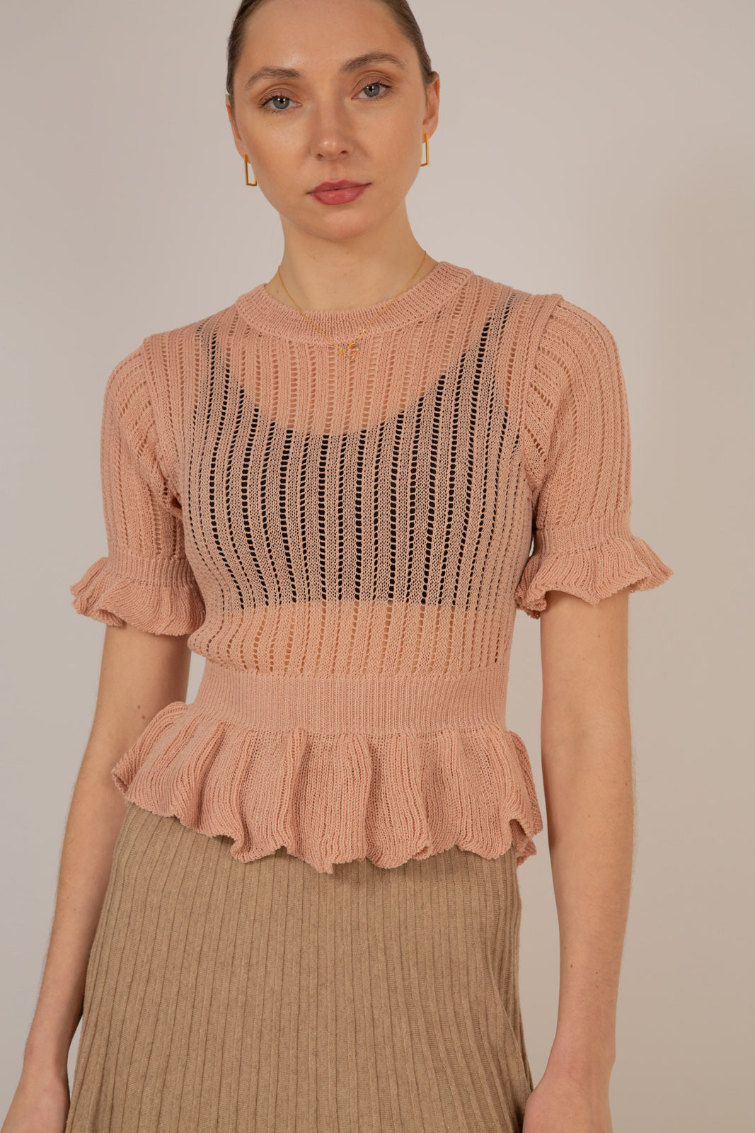 Pink sheer peplum knit top_2