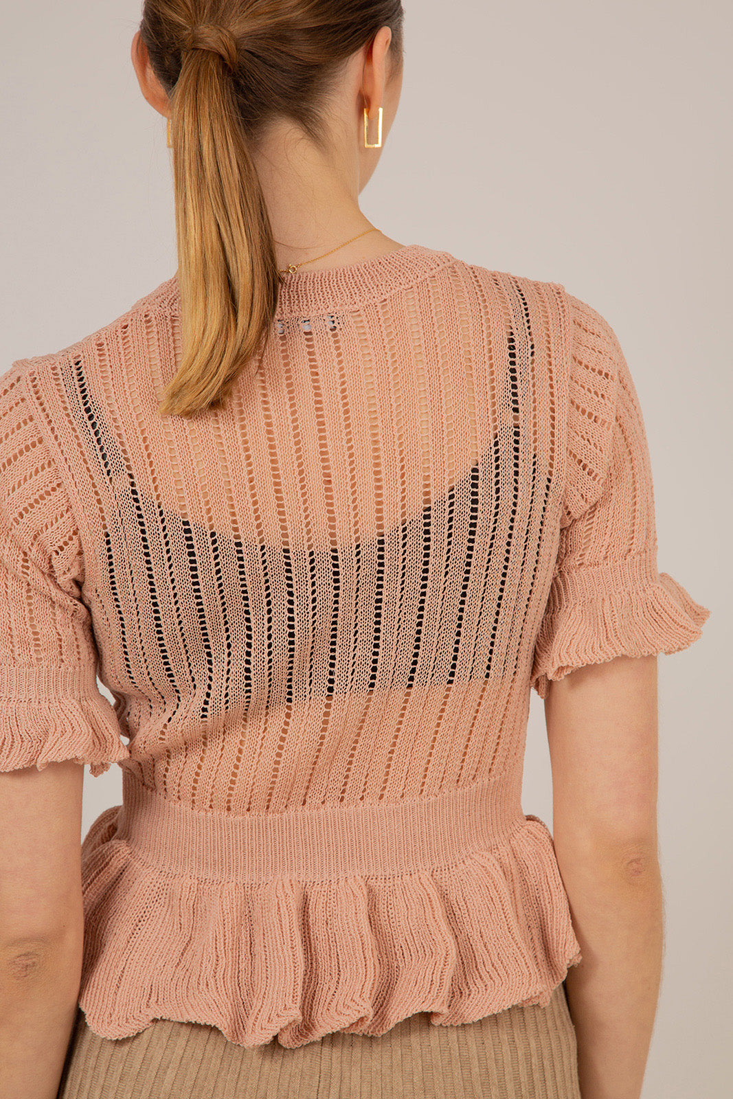 Pink sheer peplum knit top_7