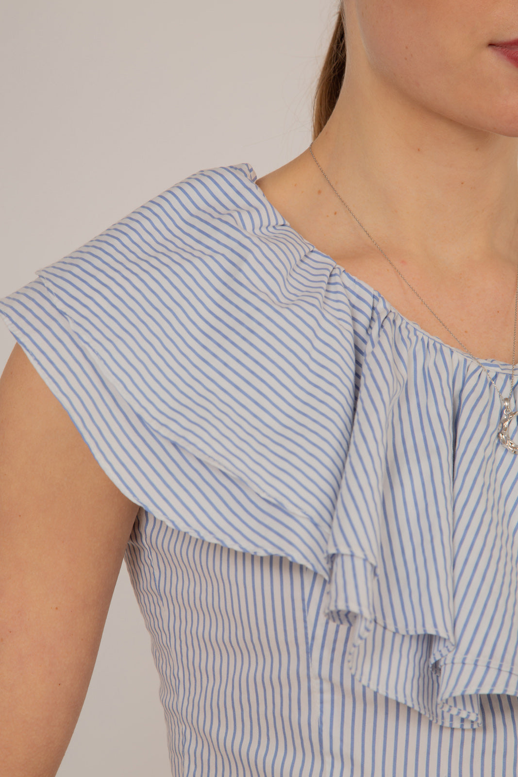 Blue and white striped asymmetric ruffle top_5