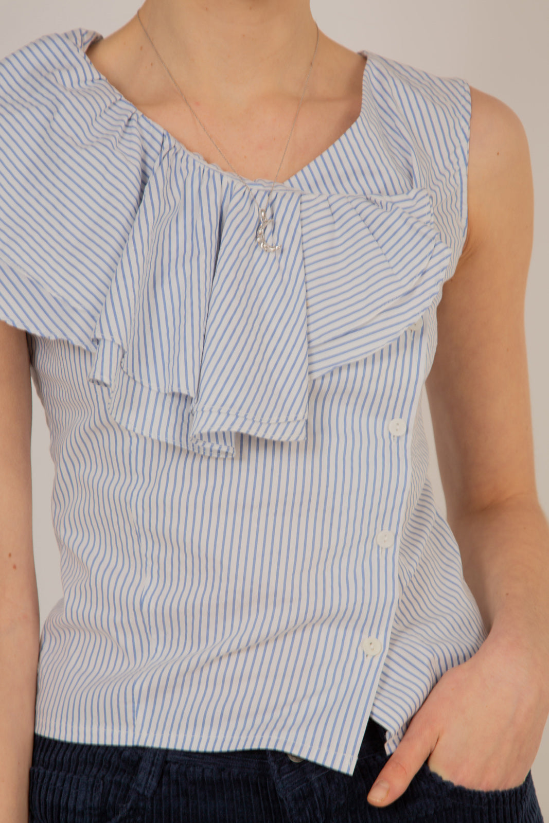 Blue and white striped asymmetric ruffle top_3