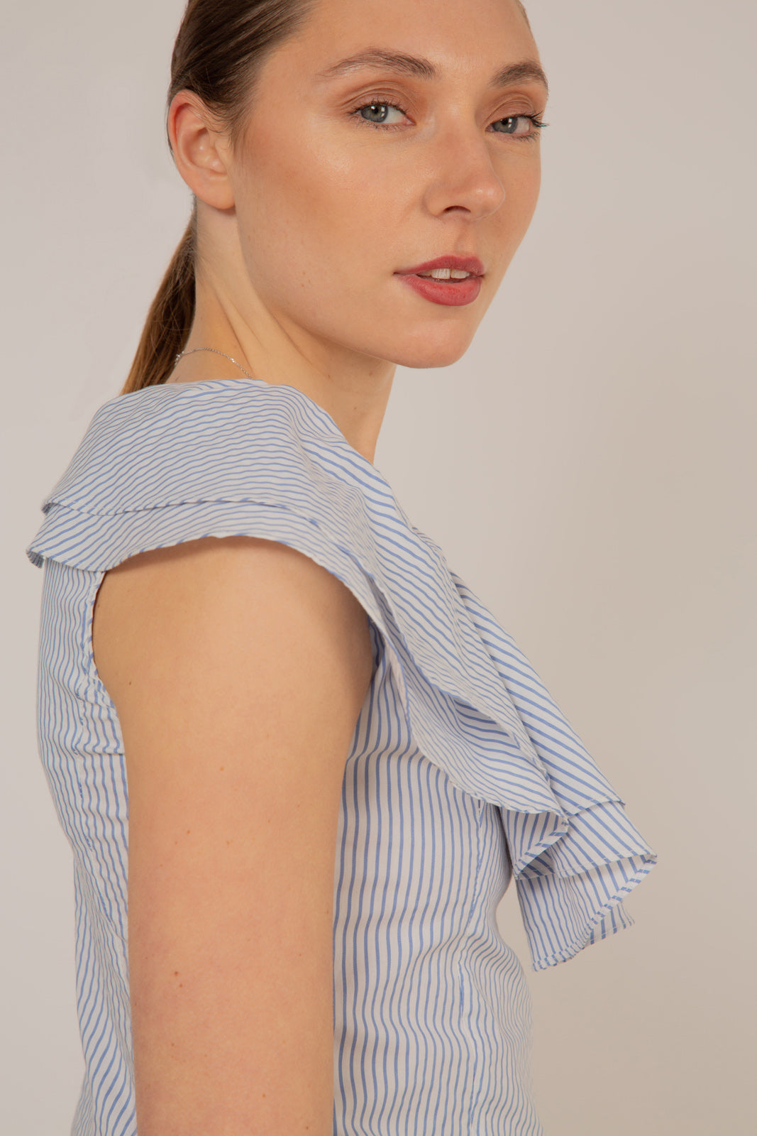 Blue and white striped asymmetric ruffle top_7
