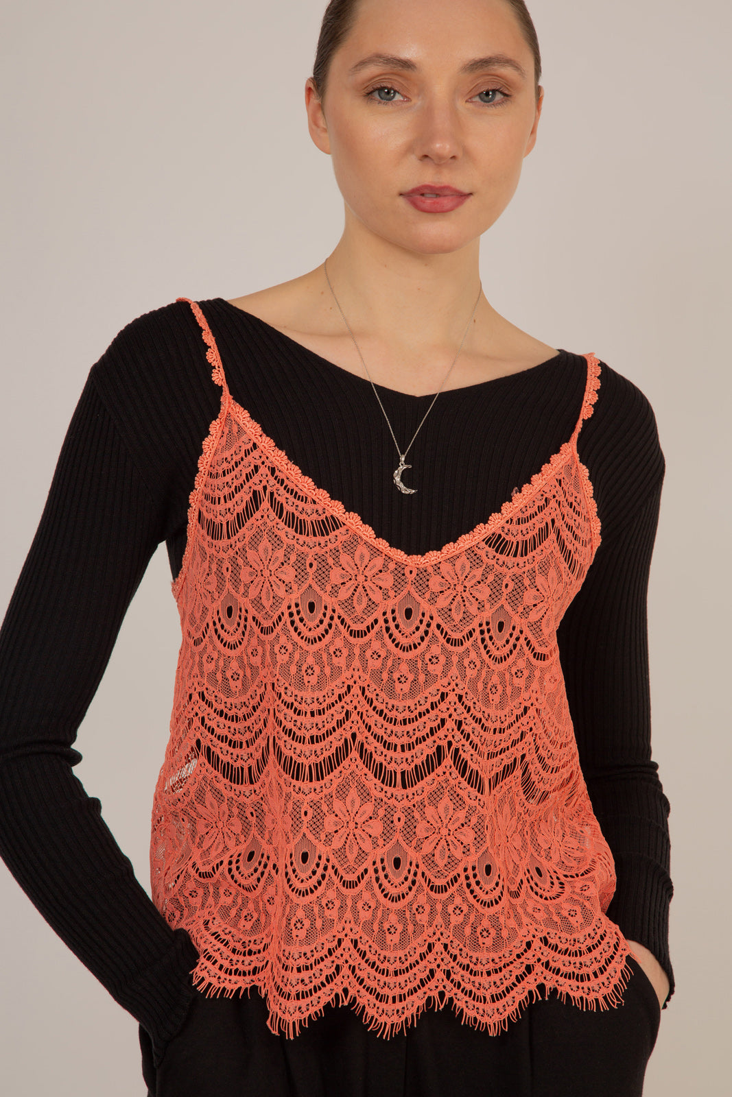 Coral lace spaghetti strap tank_1