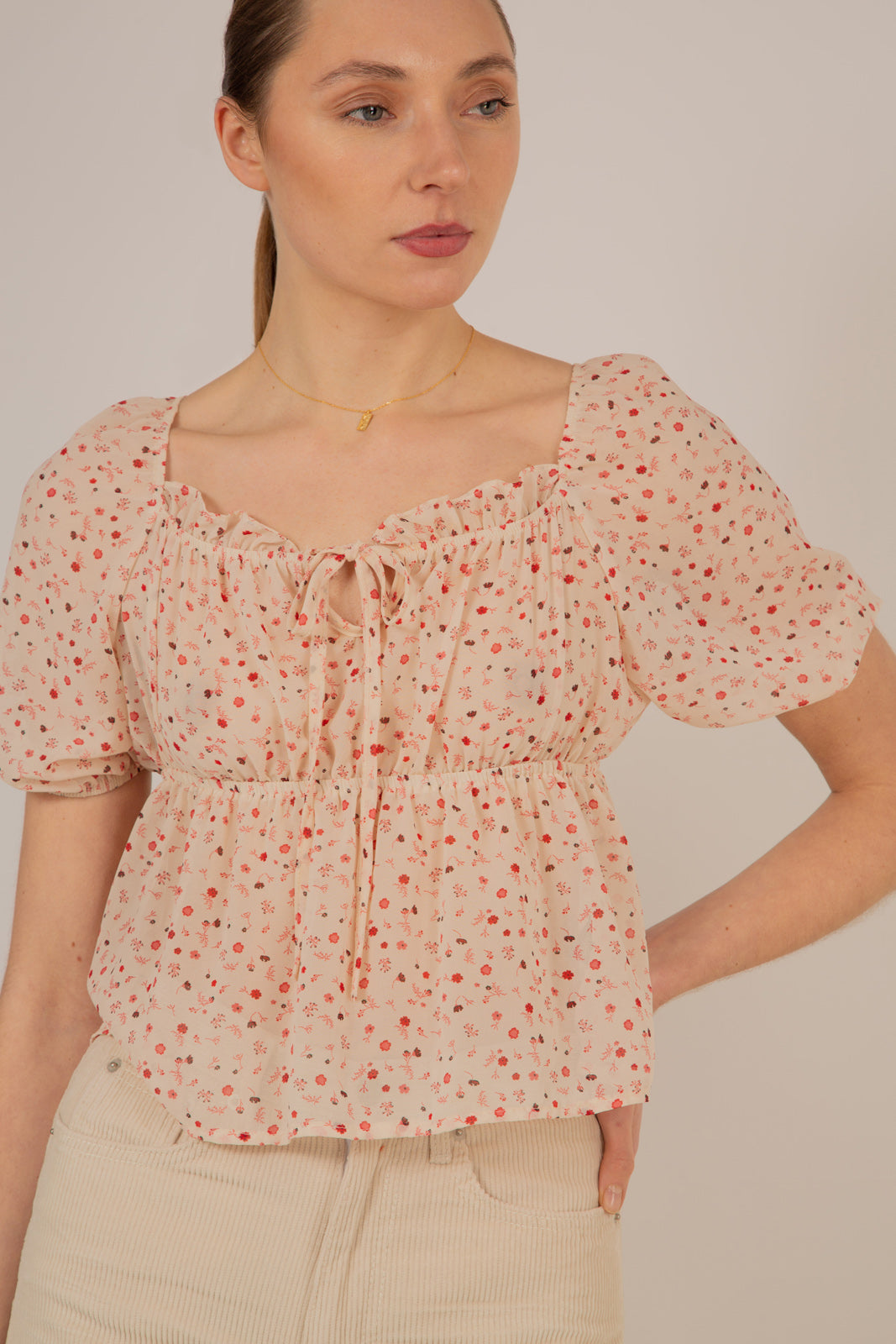 Ivory and pink floral semi sheer blouse_2