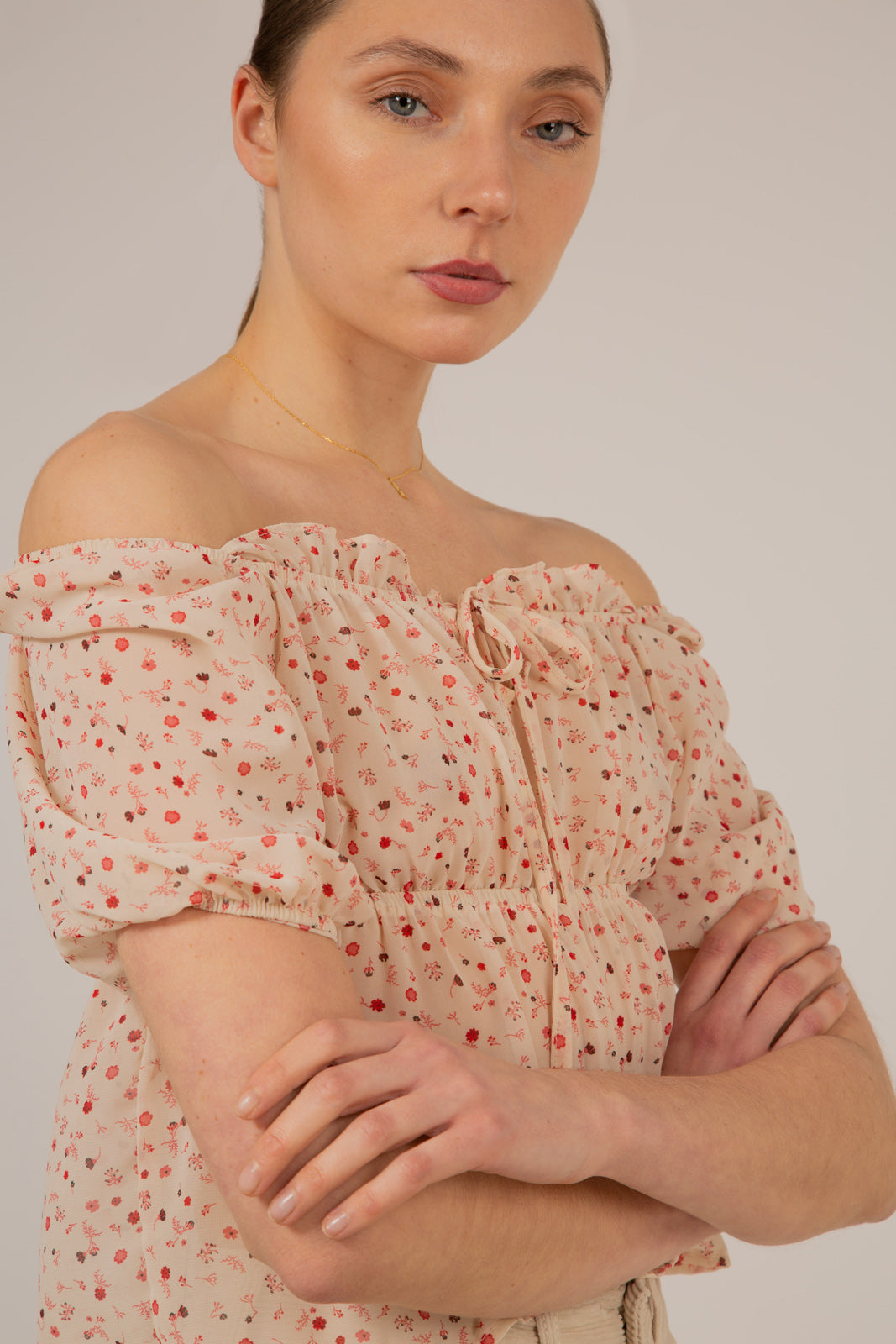 Ivory and pink floral semi sheer blouse_10