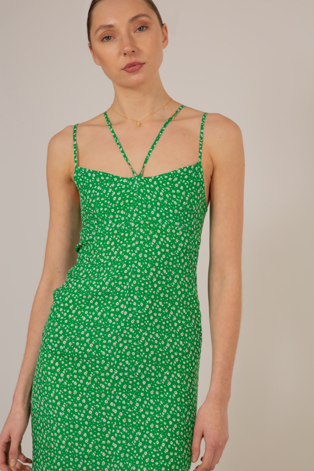 Green floral open back strappy midi dress_3