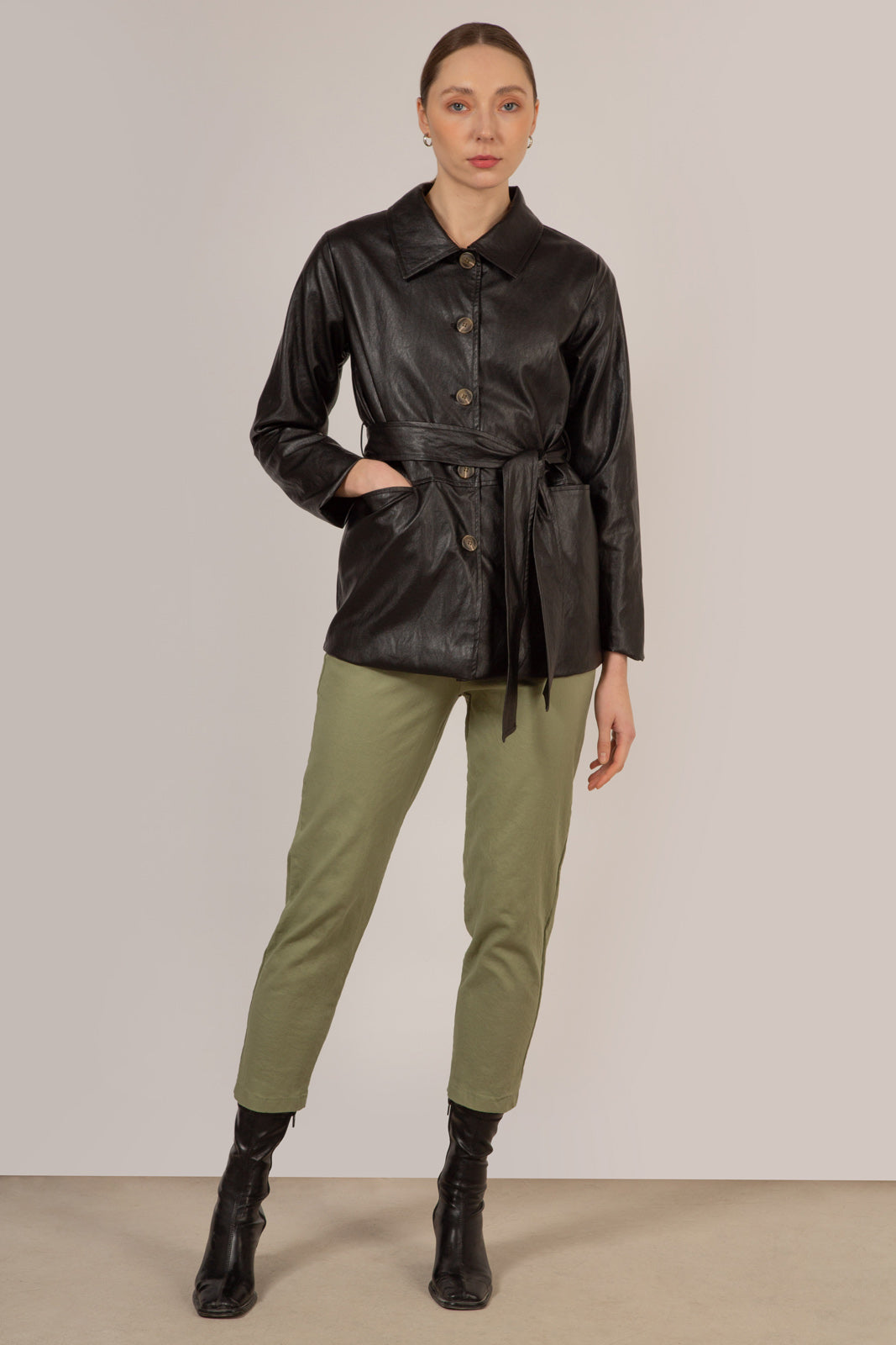 Black vegan leather belted jacket_2