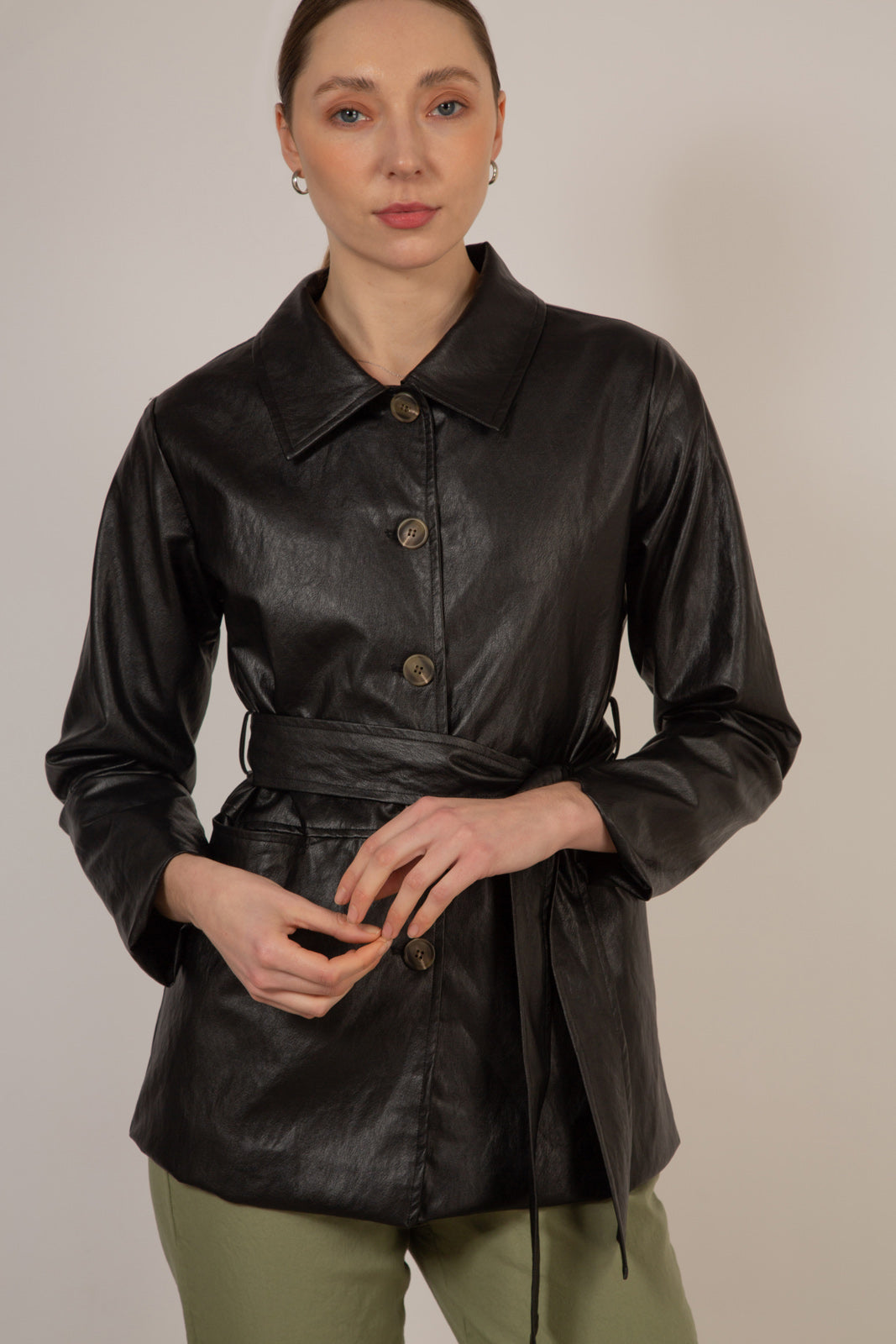 Black vegan leather belted jacket_1