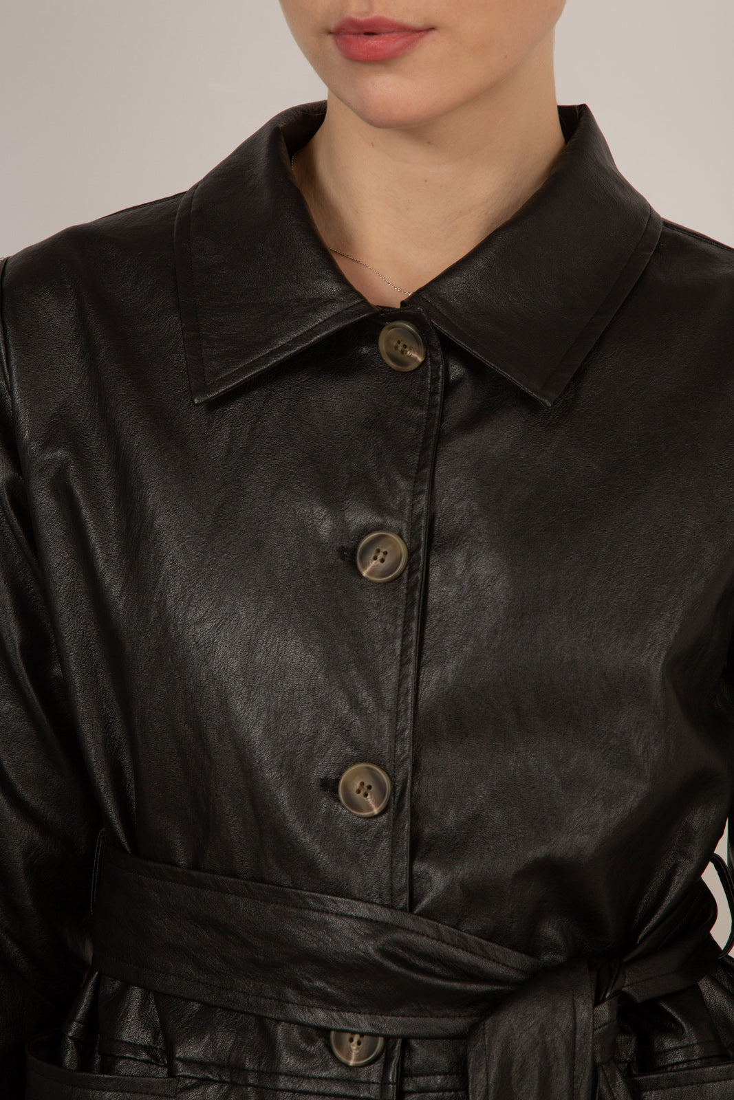 Black vegan leather belted jacket_7