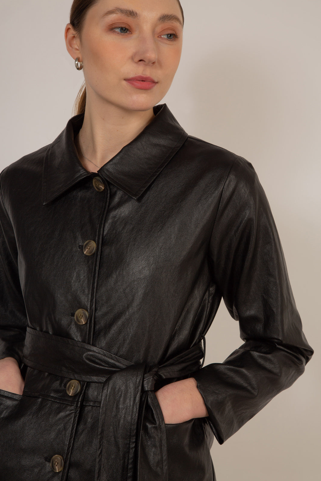 Black vegan leather belted jacket_5