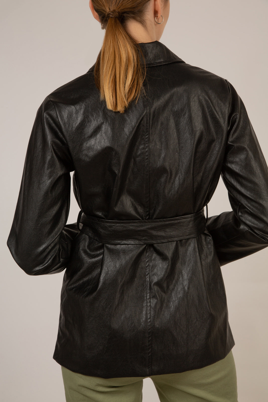 Black vegan leather belted jacket_9