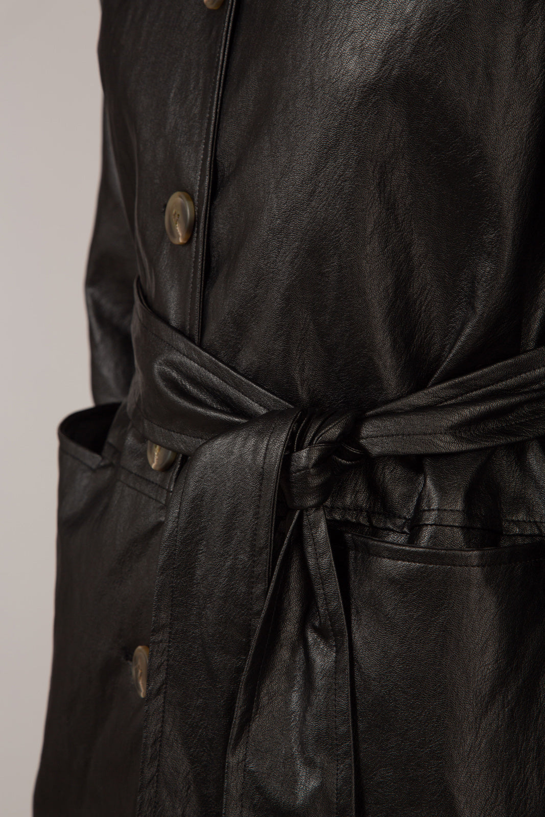 Black vegan leather belted jacket_10