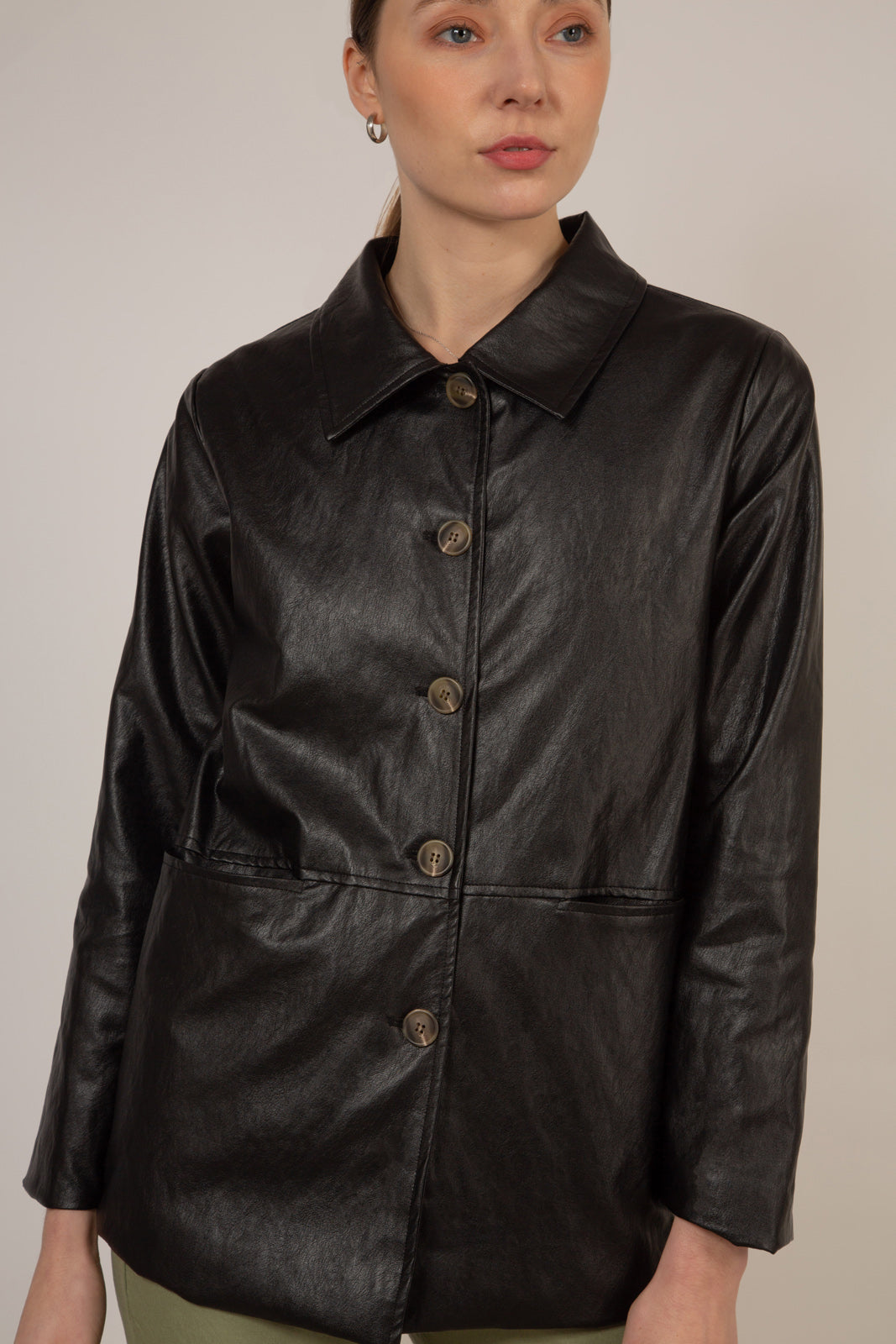 Black vegan leather belted jacket_6