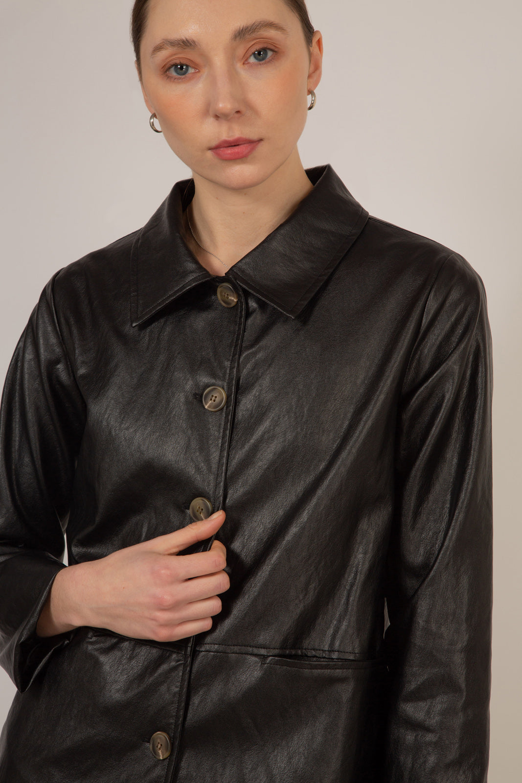 Black vegan leather belted jacket_12