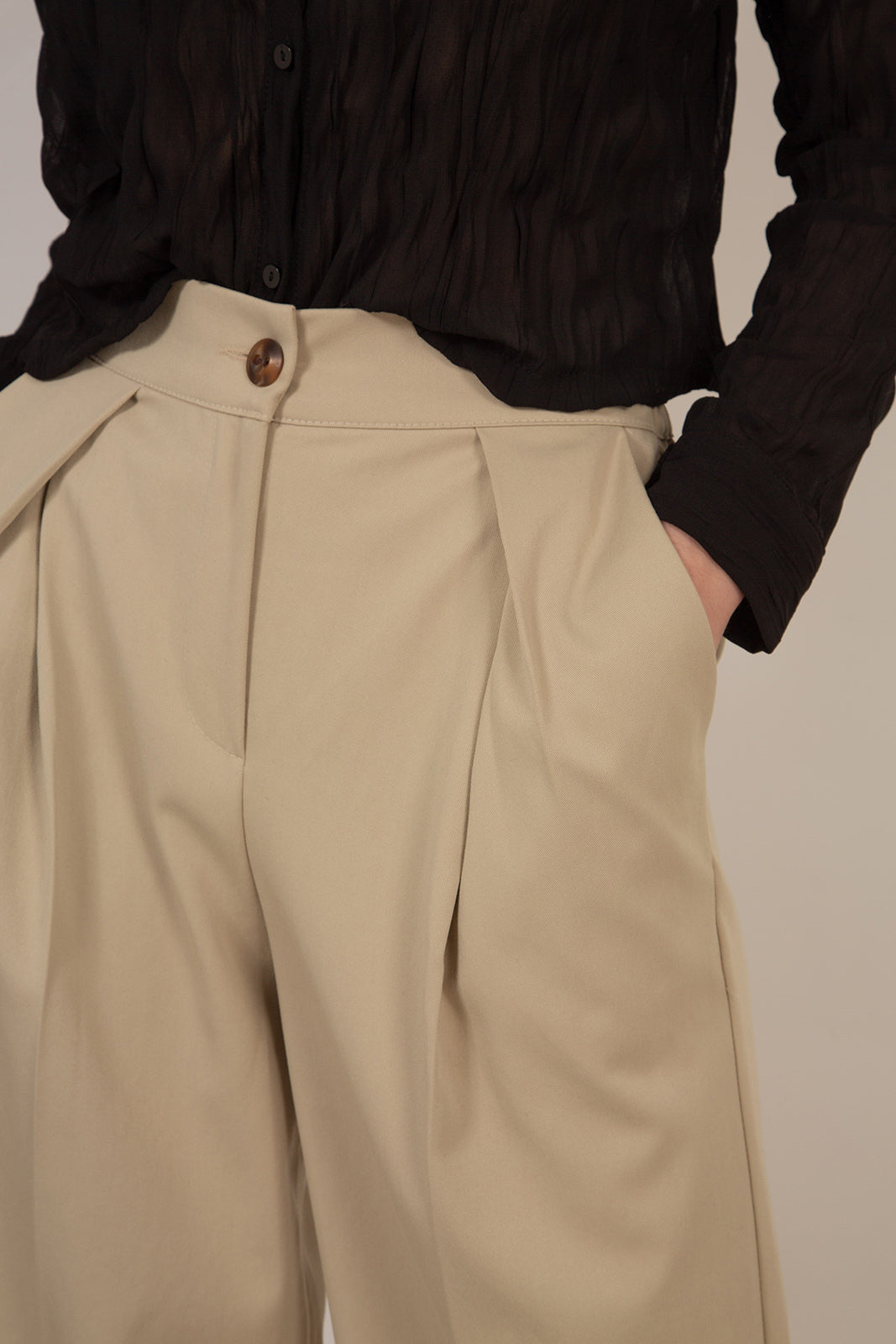 Beige side pleat wide leg trousers_2