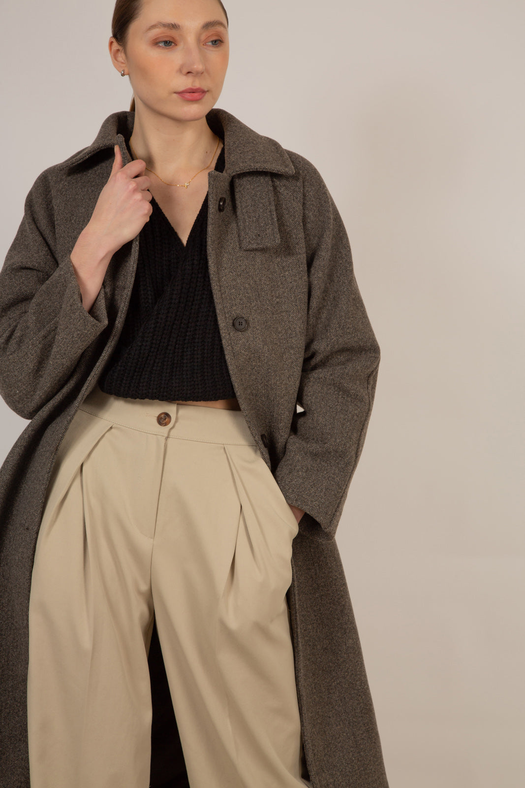 Light brown wool blend belted coat_4