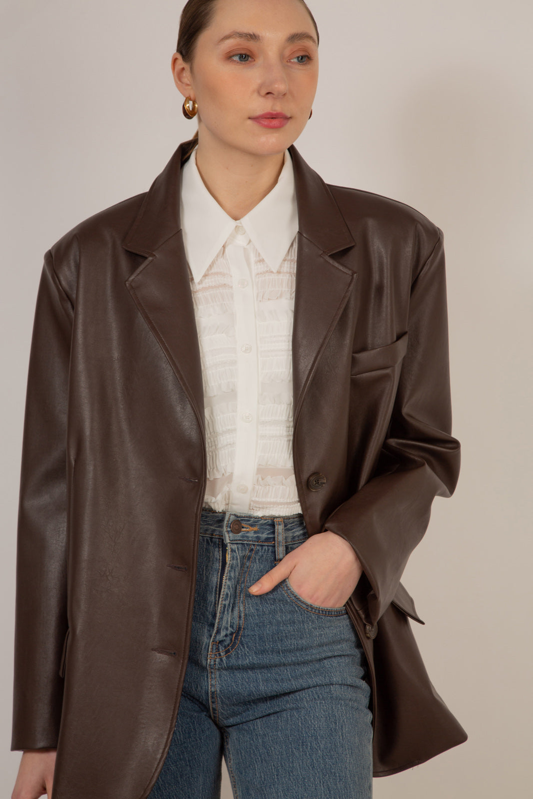 Brown vegan leather single breasted blazer_5