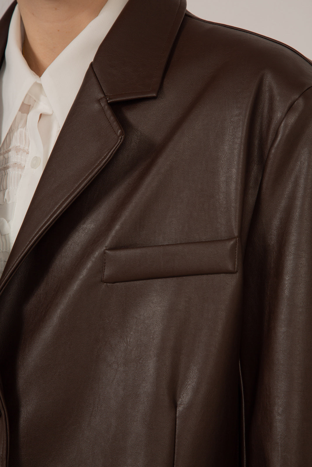 Brown vegan leather single breasted blazer_10