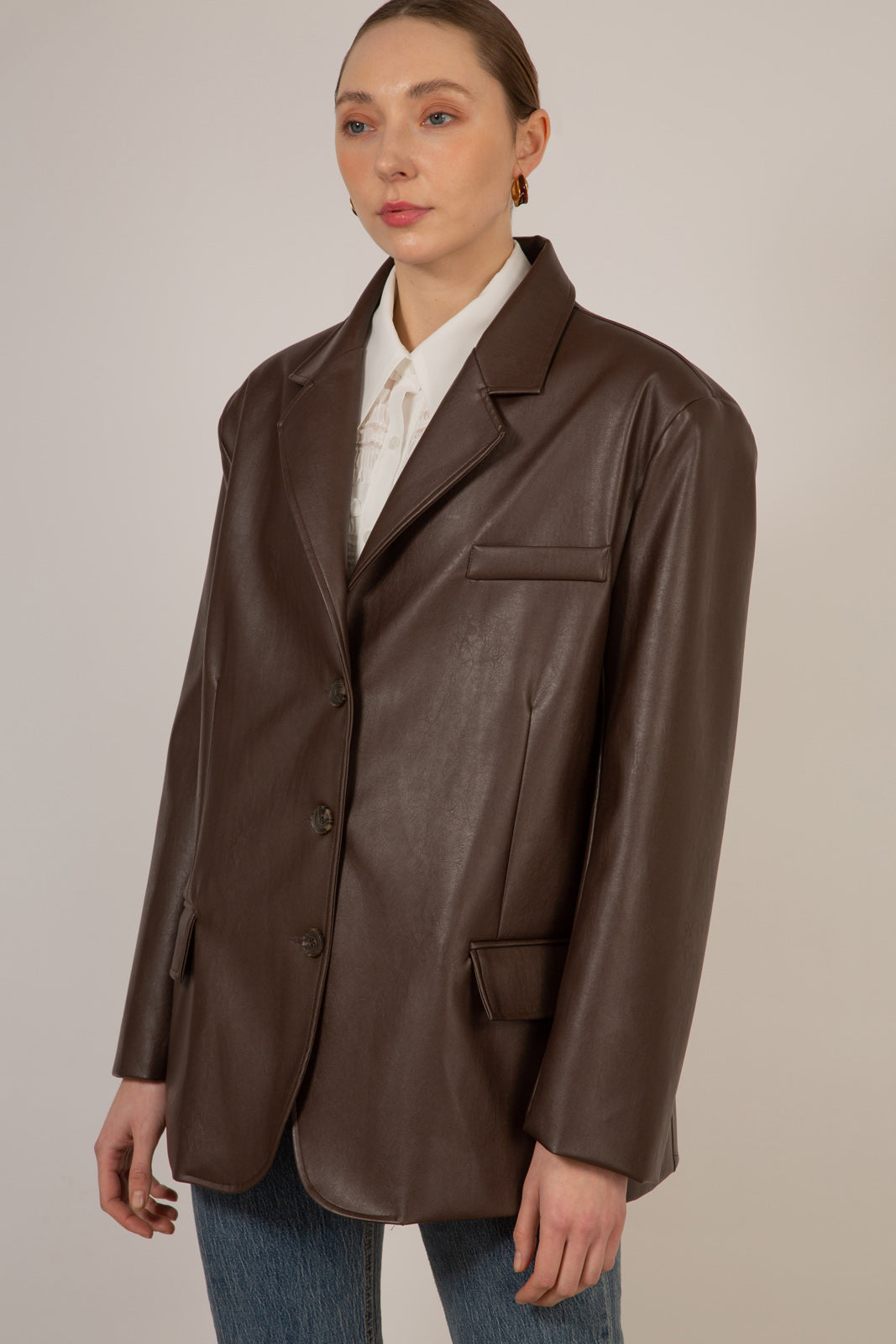 Brown vegan leather single breasted blazer_6