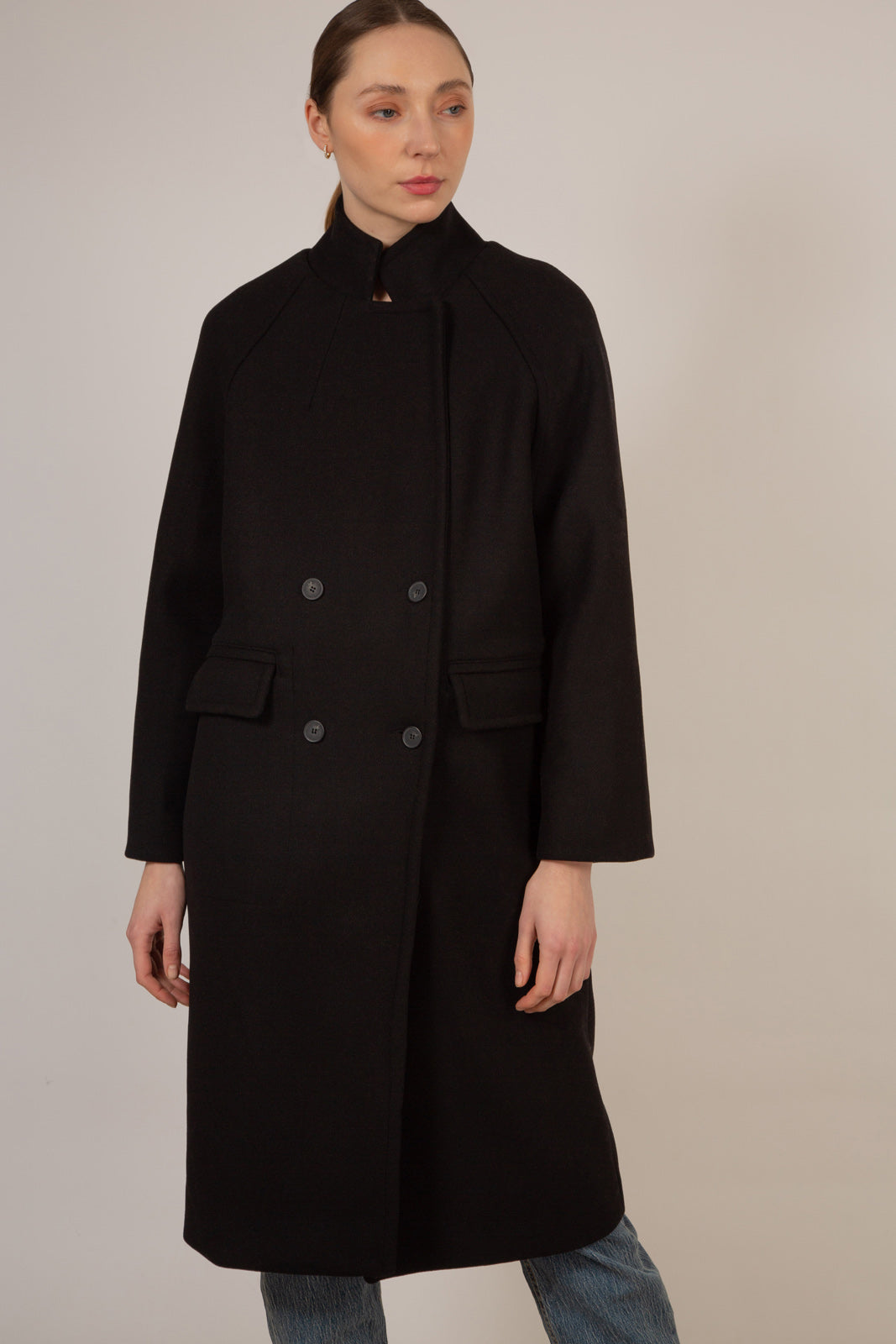 Black wool blend cocoon tailored coat_1