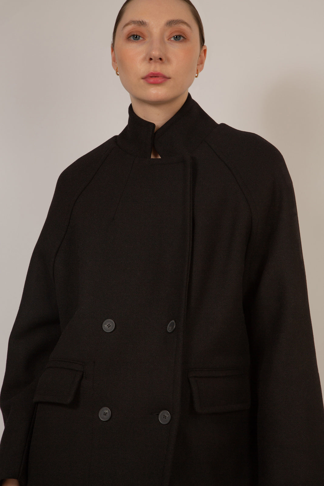 Black wool blend cocoon tailored coat_6