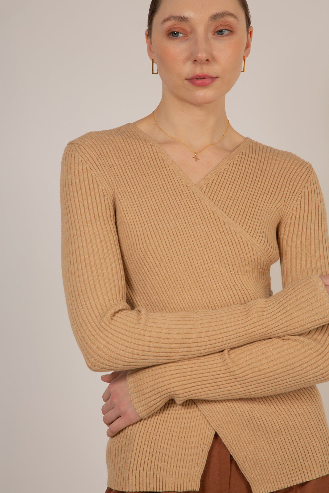 Beige ribbed cross front knit top_1