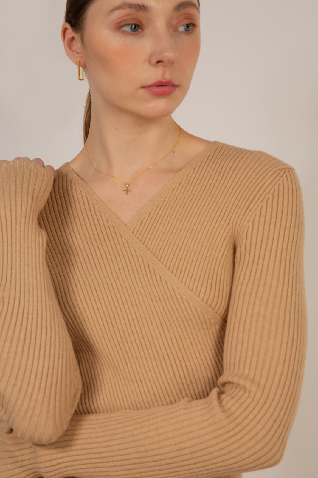 Beige ribbed cross front knit top_2
