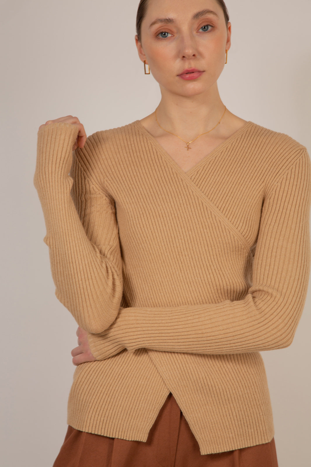 Beige ribbed cross front knit top_3