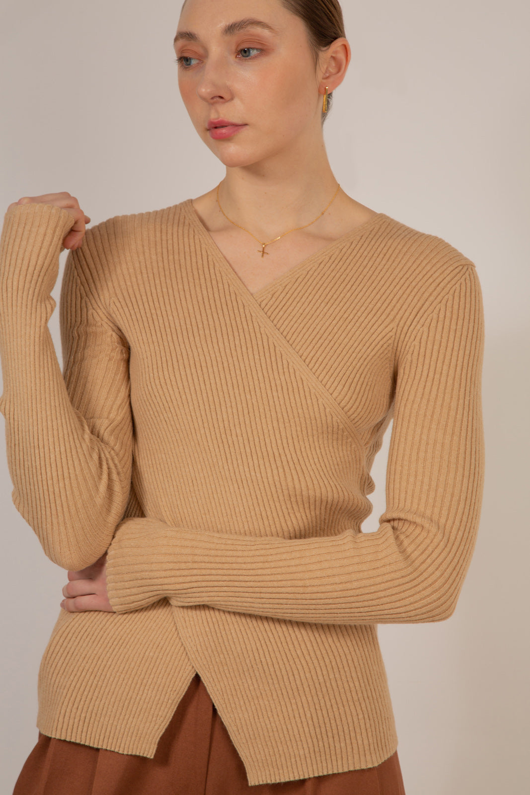 Beige ribbed cross front knit top_4