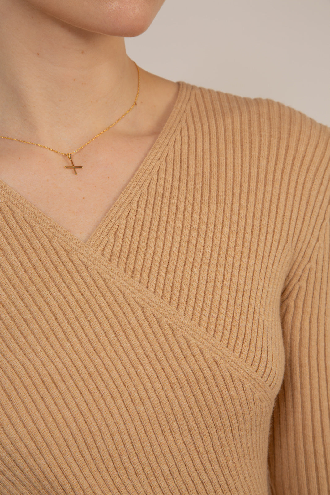 Beige ribbed cross front knit top_6