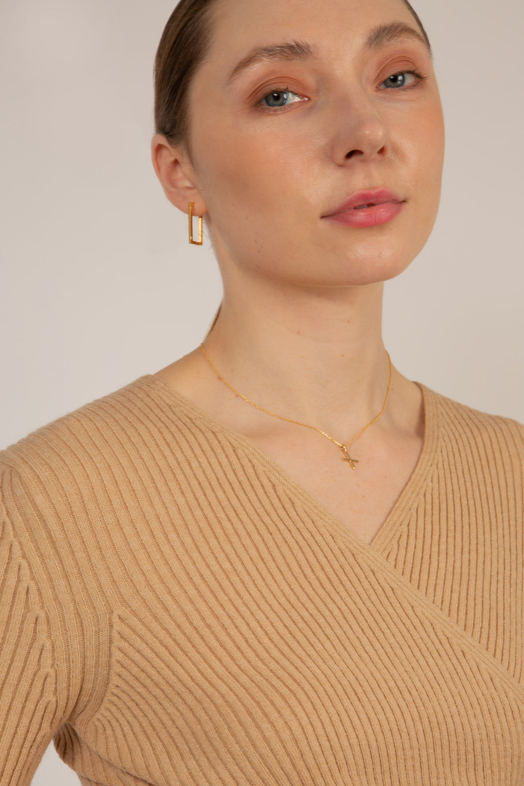 Beige ribbed cross front knit top_5