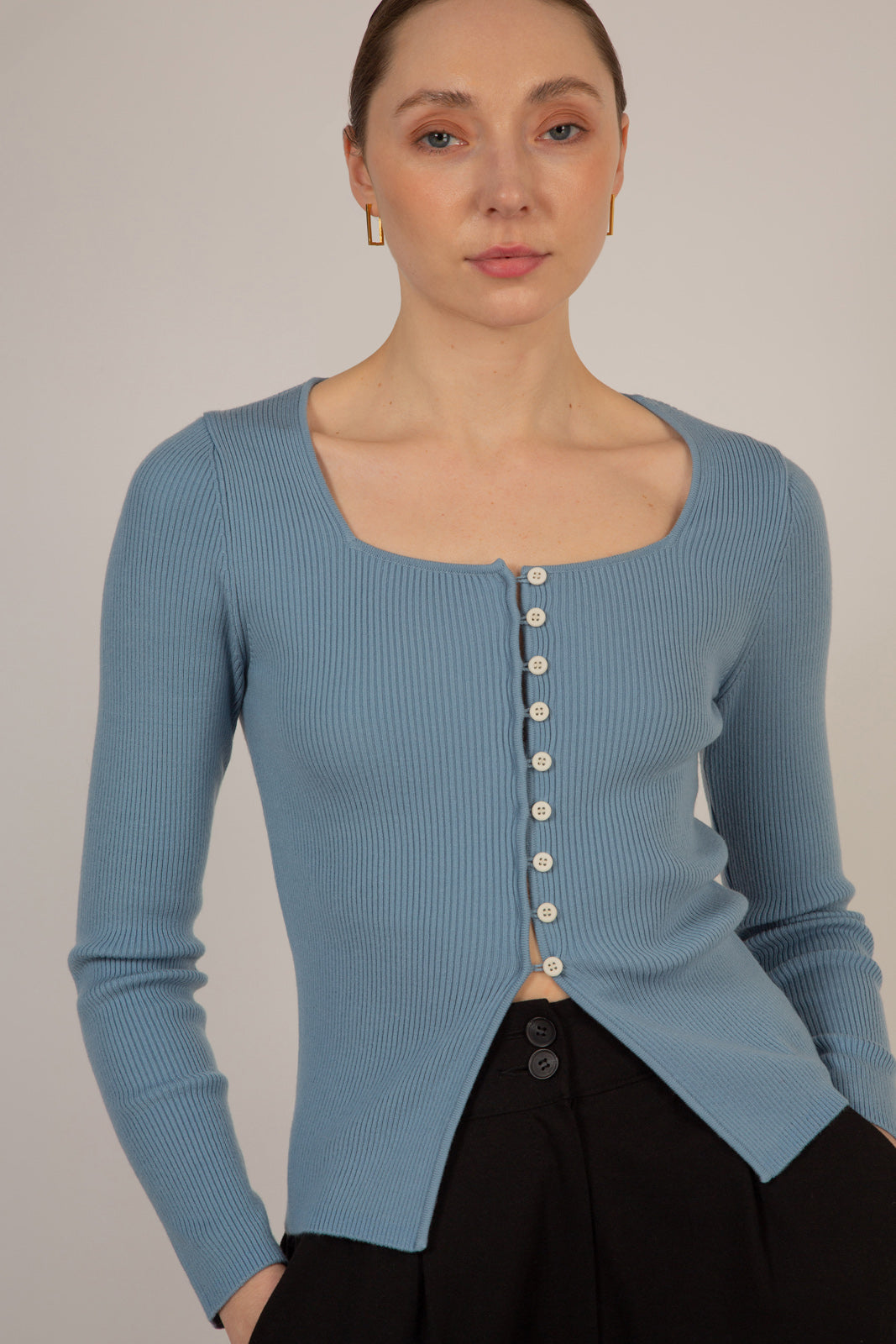 Pale blue square neck button front knit top_2