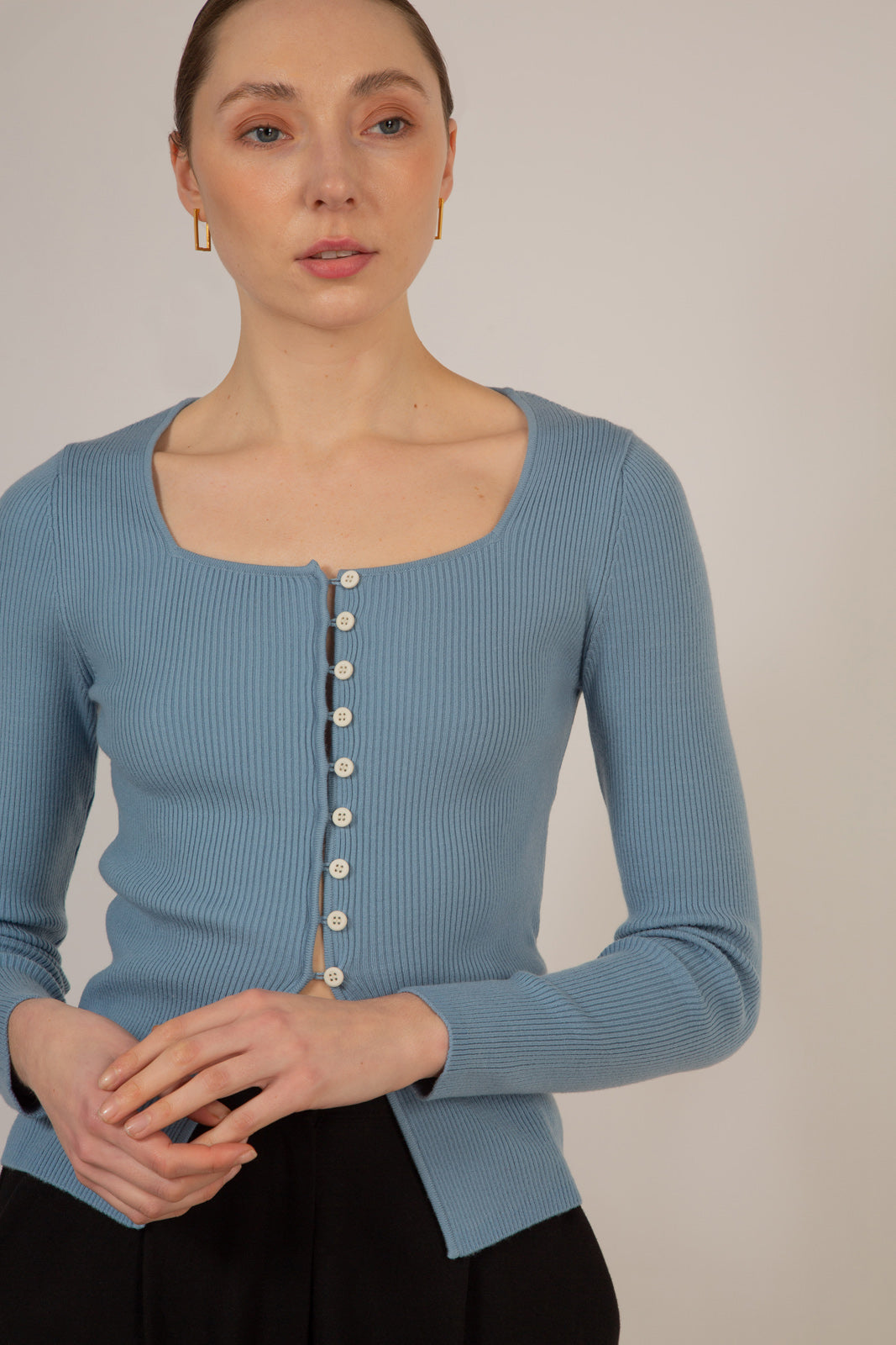 Pale blue square neck button front knit top_3